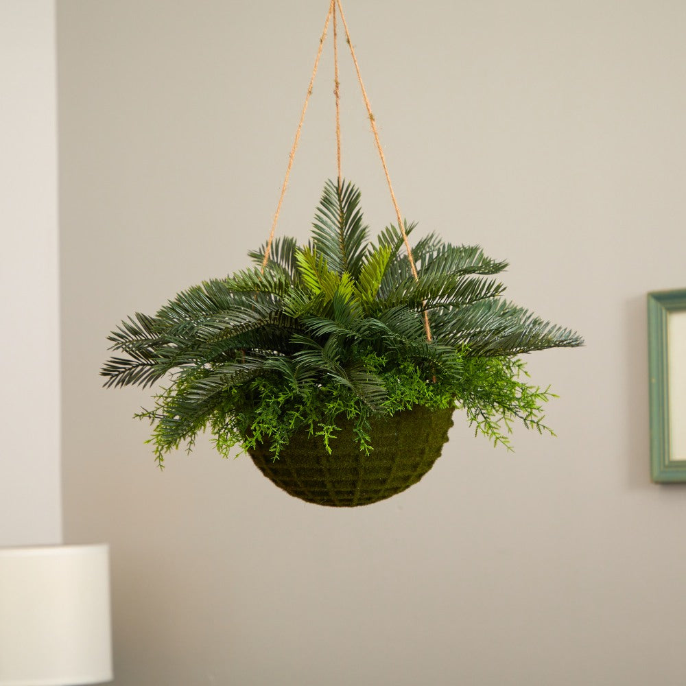 Nearly Natural Cycas 13inH Artificial Indoor/Outdoor Plant With Mossy Hanging Basket, 13inH x 17inW x 17inD, Green