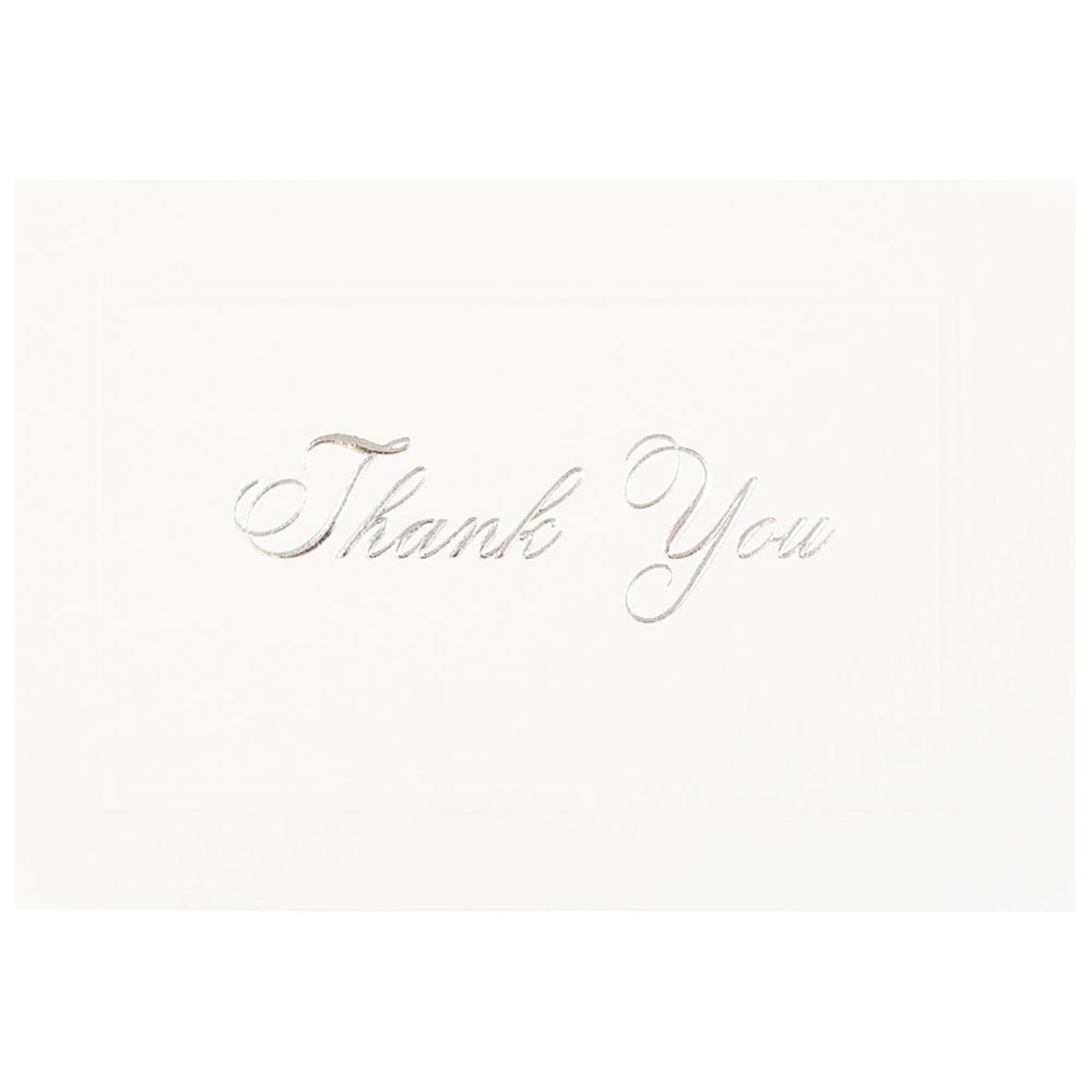 JAM Paper Thank You Card Set, 4 7/8in x 3 3/8in, 80 Lb, Bright White/Silver Script, Set Of 104 Cards And 100 Envelopes