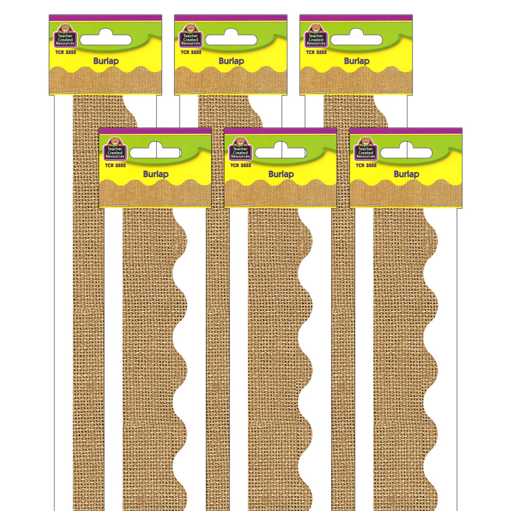 Teacher Created Resources Scalloped Border Trim, 2-3/16ft" x 35ft", Burlap, 12 Boarders Per Pack, Set Of 6 Packs