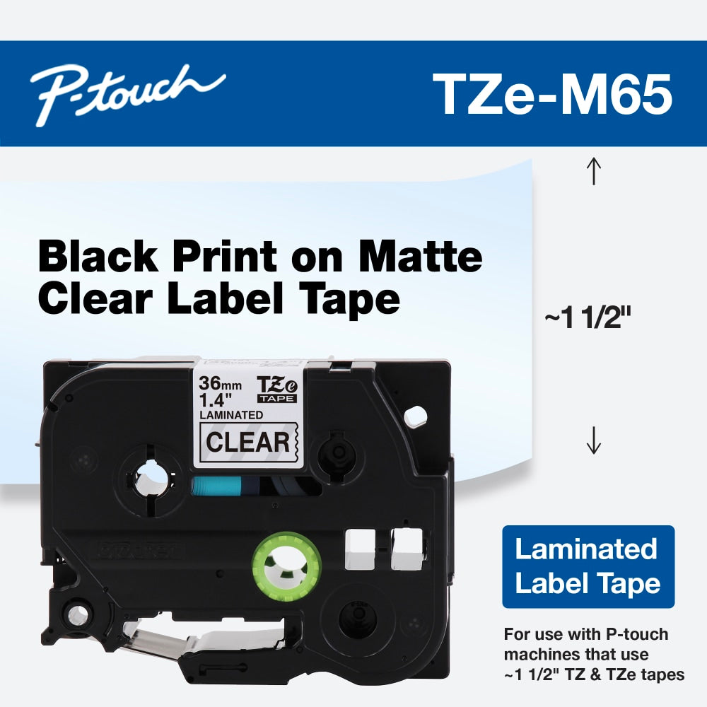 Brother P-Touch TZe-M65 Label Tape, 1-7/16in x 26-1/4ft, White/Matte Clear