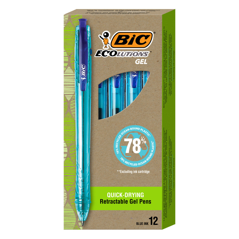 BIC Ecolutions Ocean-Bound Retractable Gel Pens, Pack Of 12 Pens, Medium Point, 0.7 mm,  78% Recycled, Clear Barrel, Blue Ink