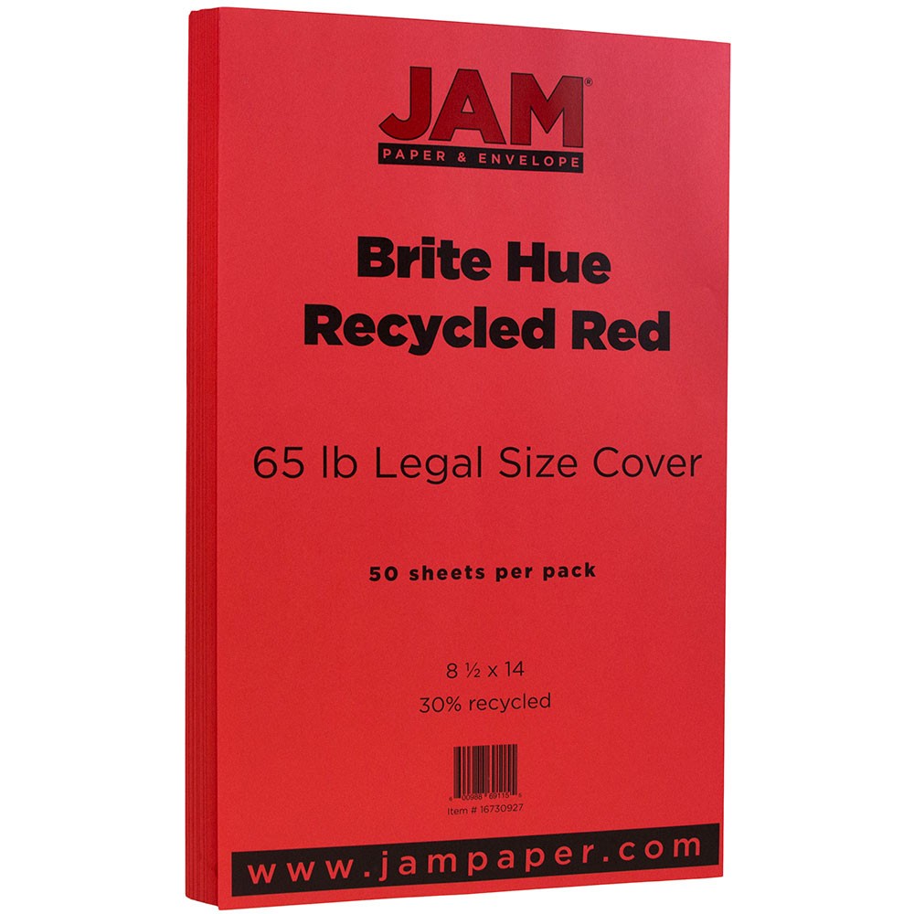 JAM Paper Legal Card Stock, Red, Legal (8.5in x 14in), 65 Lb, Pack Of 50