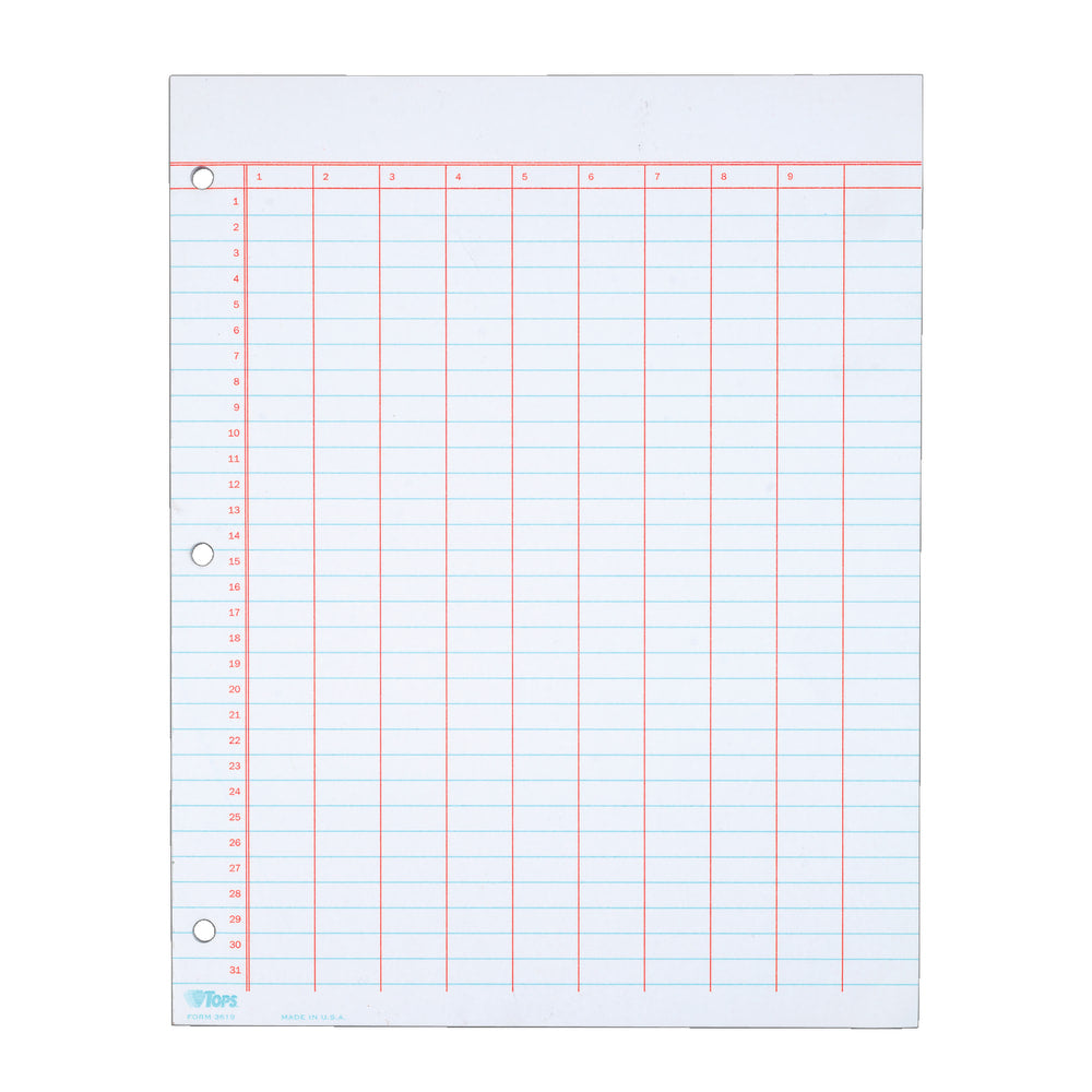 TOPS Data Pad, 9 Column & Summary, 3-Hole Punched, 25 Sheets, White