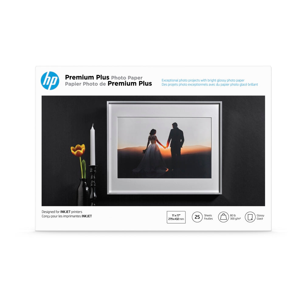 HP Premium Plus Photo Paper for Inkjet Printers, Glossy, Ledger Size (11in x 17)", 80 Lb., Pack Of 25 Sheets (CV065A)