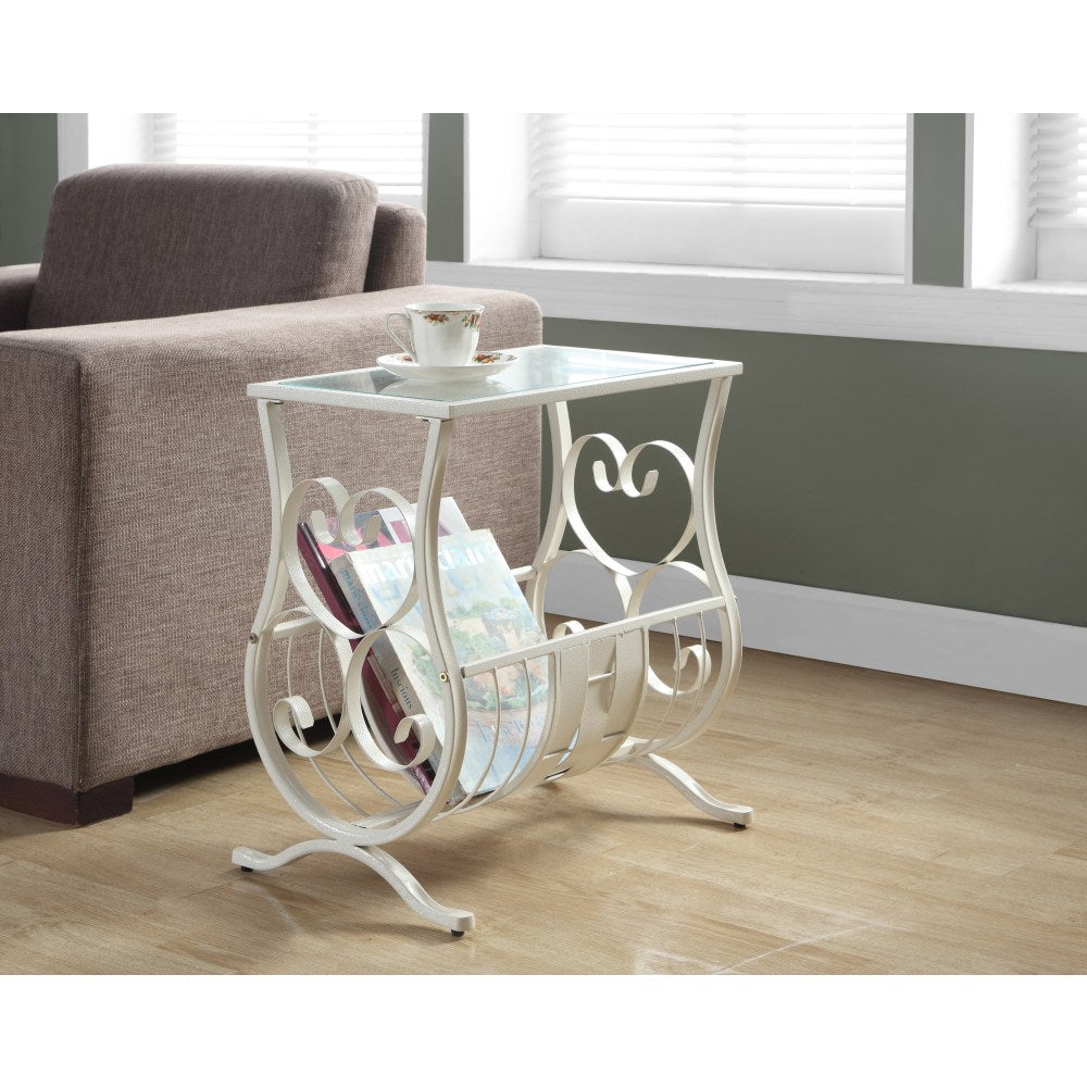 Monarch Specialties Magazine Holder Accent Table with Glass-Top, Rectangle, Antique White