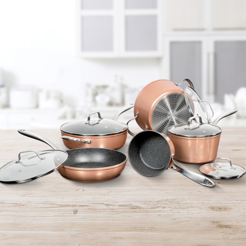 The Rock Cookware - 1.5 quart Saucepan, 3.1 quart Saucepan, 5.1 quart Stockpot, 10in Diameter Frying Pan, 11in Diameter Deep Frying, Lid - Stainless Steel Handle, Forged Aluminum Base, Copper - Cooking, Frying - Oven Safe - Bronze - Copper - 1 Piece