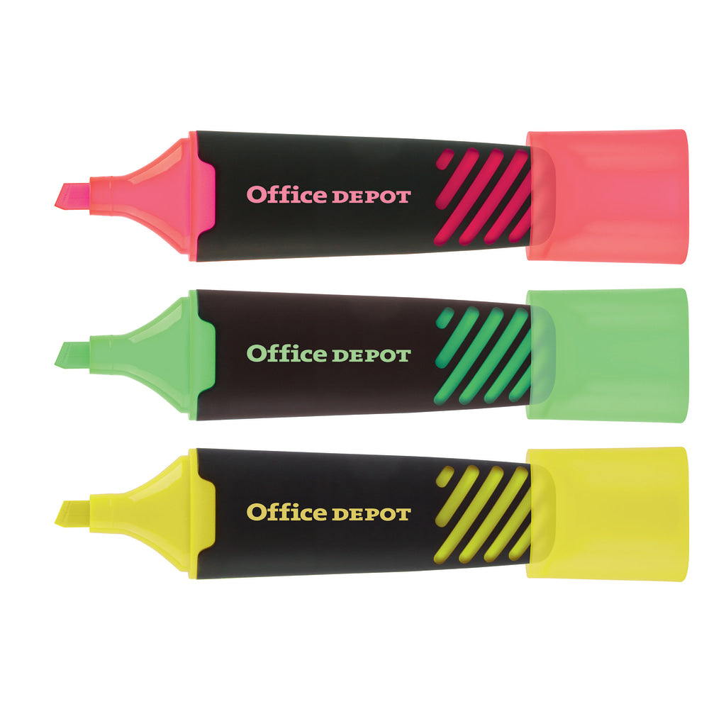 Office Depot Brand Liquid Highlighters, Chisel Point, Black/Translucent Barrel, Assorted Ink Colors, Pack Of 3