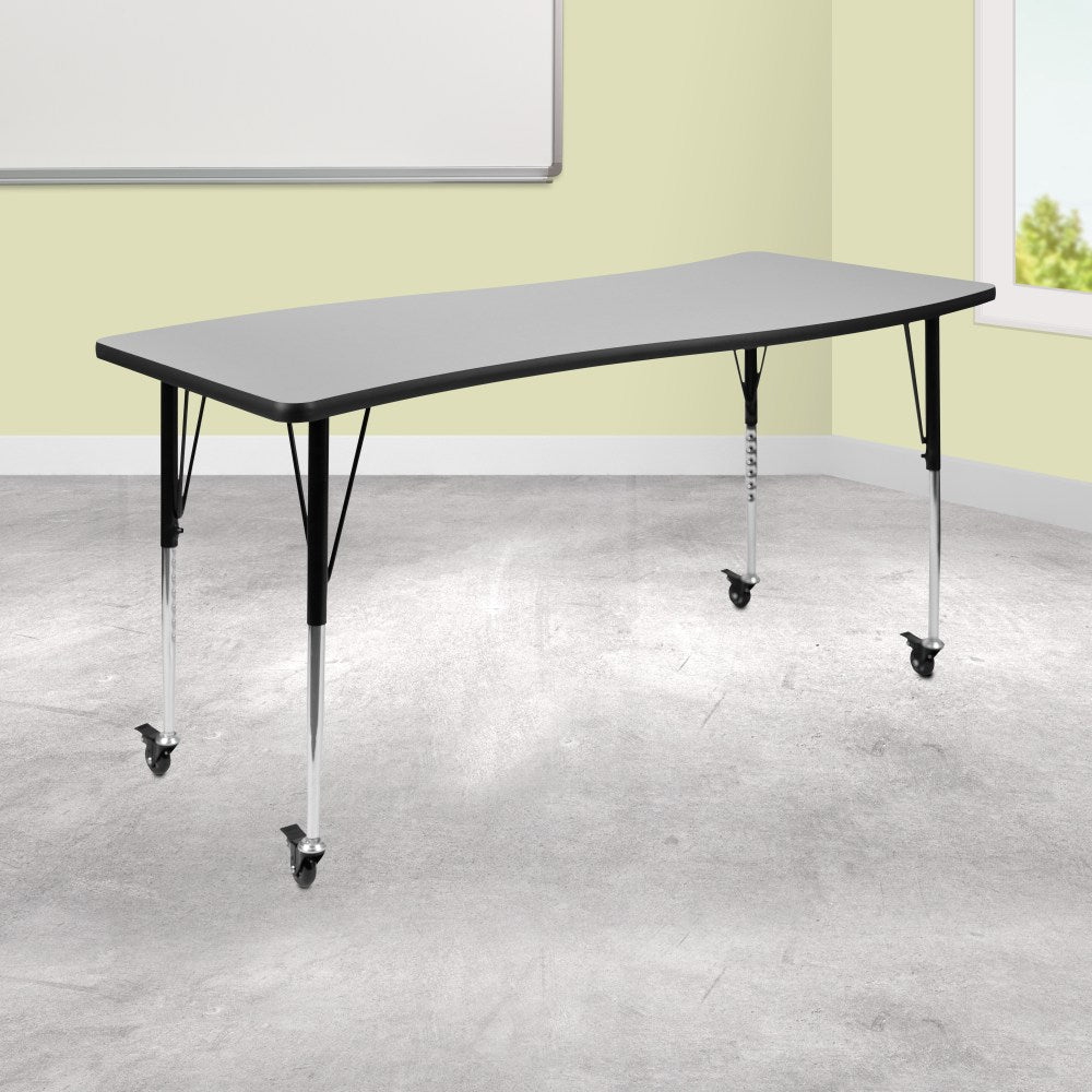 Flash Furniture Mobile Rectangle Wave Flexible Collaborative Thermal Laminate Activity Table With Standard Height-Adjustable Legs, 30inH x 26inW x 60inD, Gray