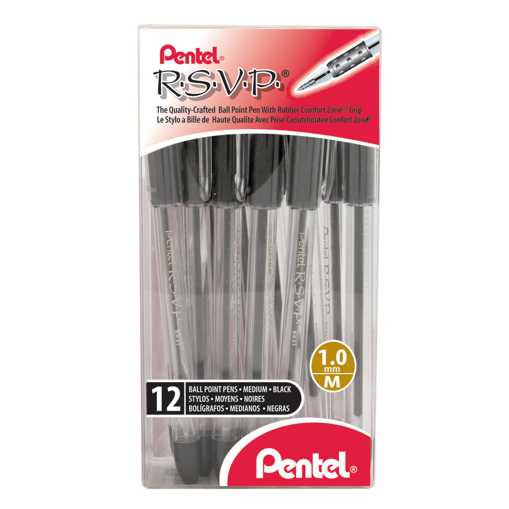 Pentel R.S.V.P. Ballpoint Pens, Medium Point, 1.0 mm, Clear Barrel, Black Ink, Pack Of 12