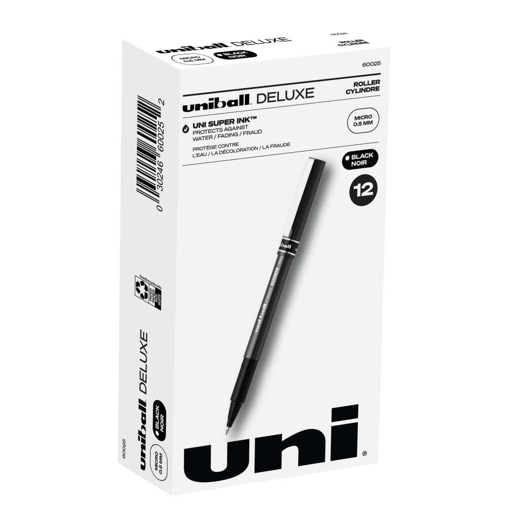 uni-ball Deluxe Rollerball Pens, Micro Point, 0.5 mm, Charcoal Barrel, Black Ink, Pack Of 12