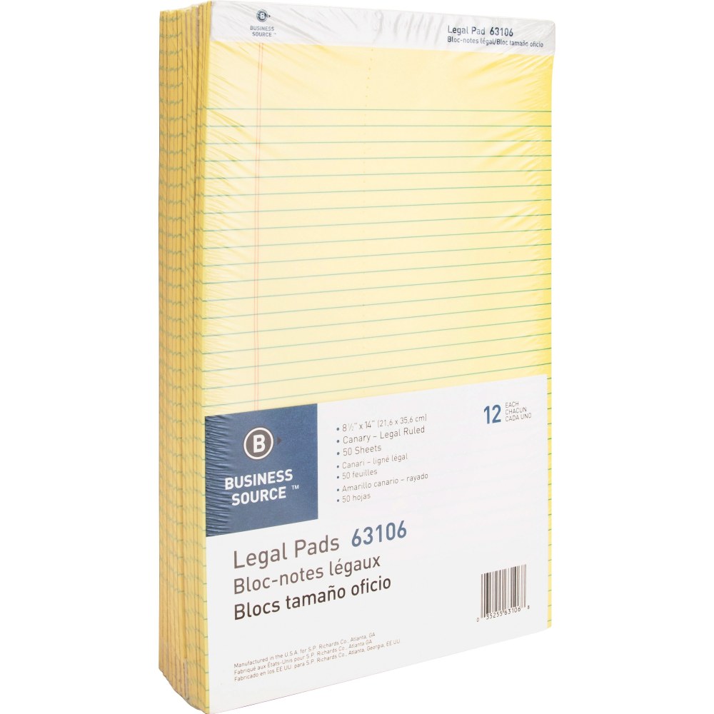 Business Source Legal Pads - 50 Sheets - 0.34in Ruled - 16 lb Basis Weight - Legal - 8 1/2in x 14in - Canary Paper - Micro Perforated, Easy Tear, Sturdy Back - 1 Dozen