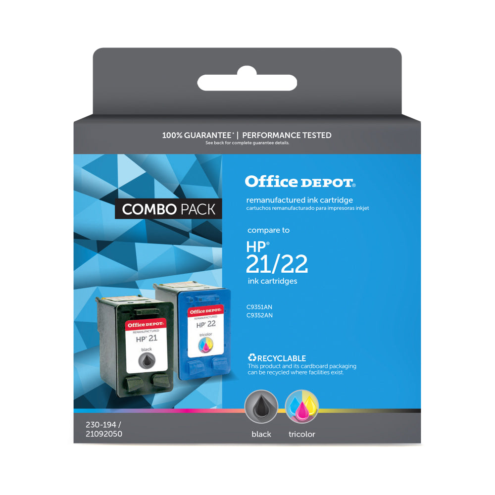 Office Depot Brand Remanufactured Black And Tri-Color Ink Cartridge Replacement For HP 21, 22, Pack Of 2