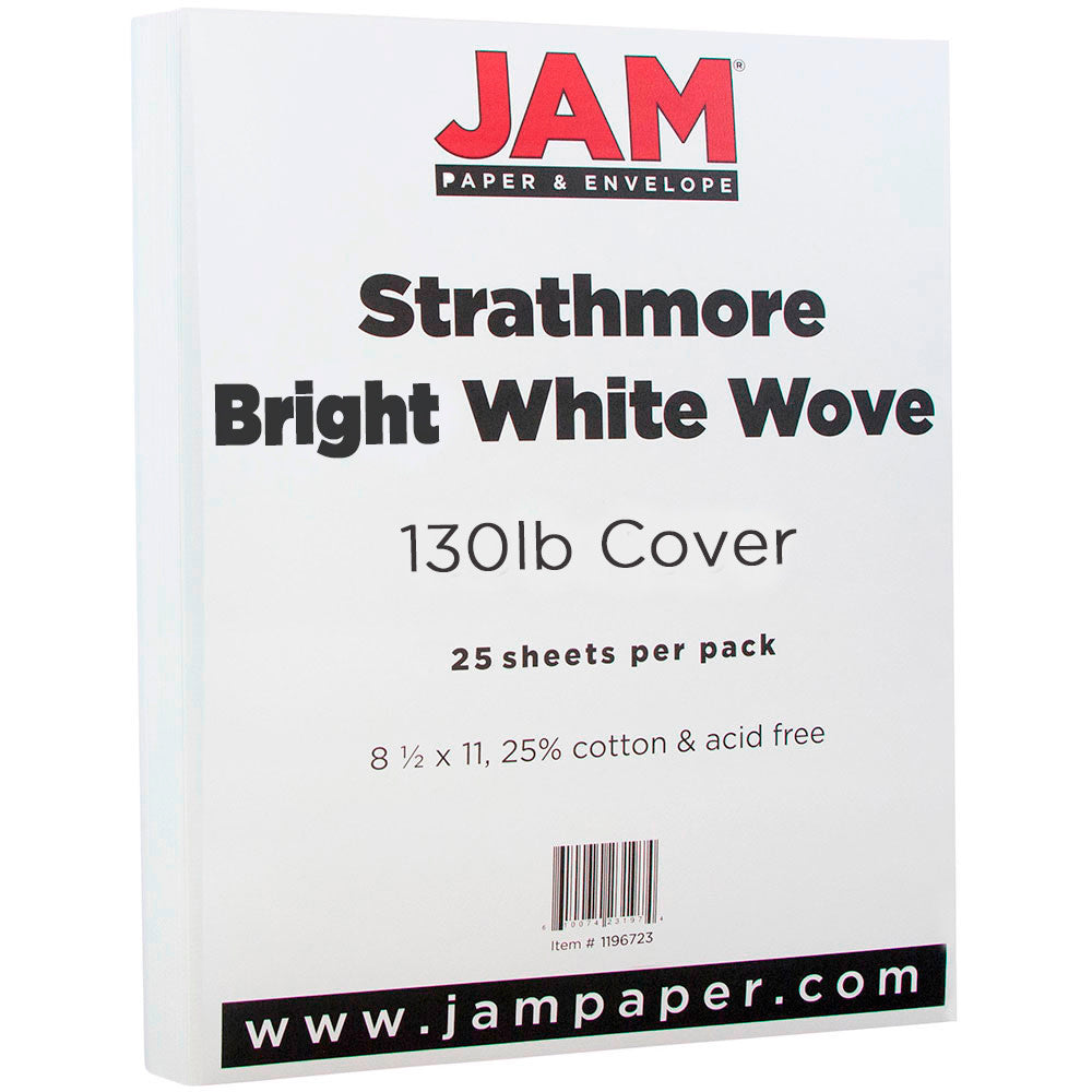 JAM Paper Card Stock, Strathmore Bright White Wove, Letter (8.5in x 11in), 130 Lb, Pack Of 25