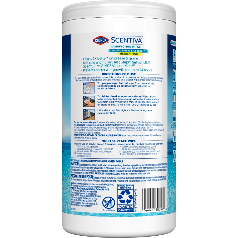 Clorox Scentiva Bleach-Free Cleaning Wipes, Pacific Breeze & Coconut Scent, 7in x 7-1/4in, Canister Of 75 Wipes