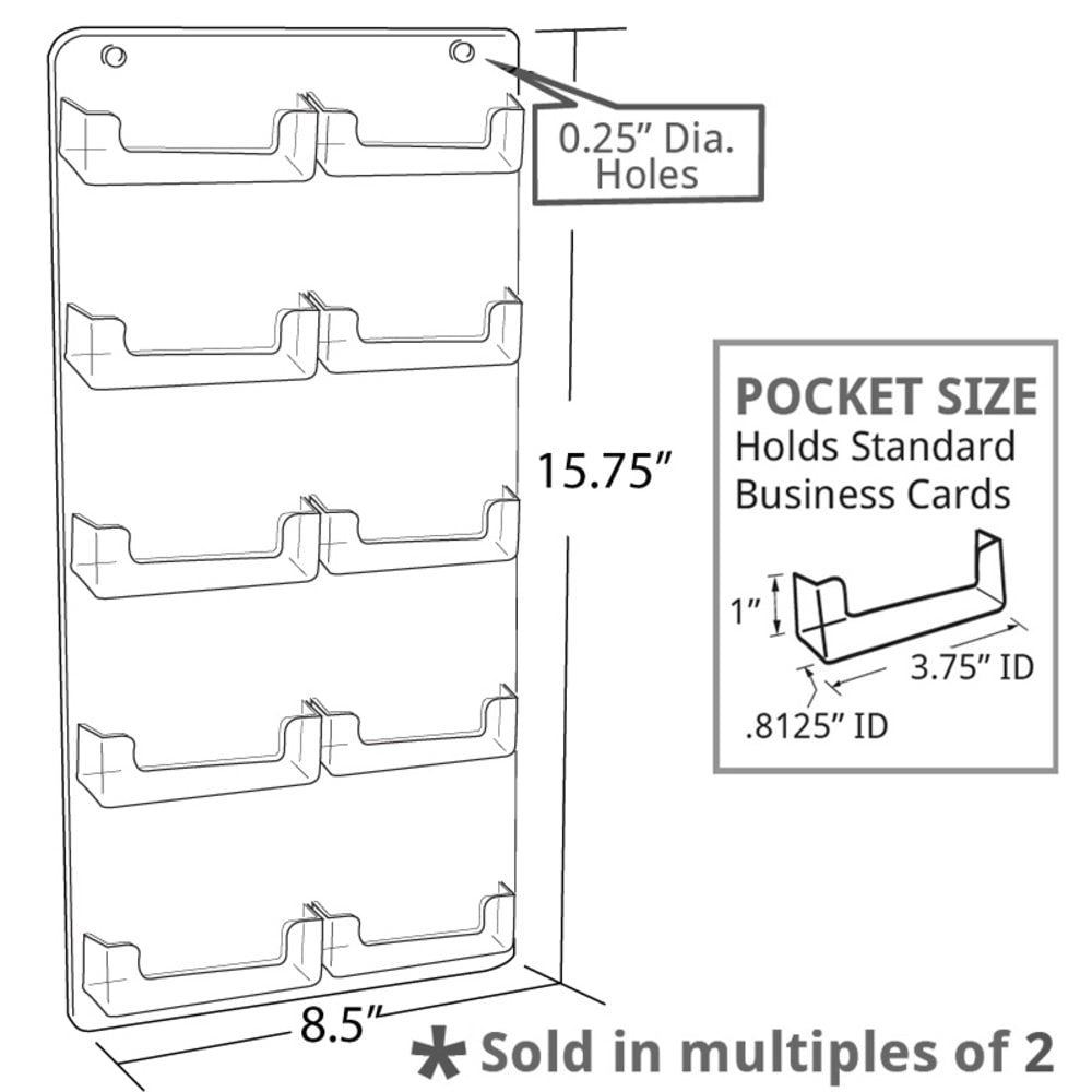 Azar Displays Business And Gift Card Holders, 10 Pockets, Wall Mount, 8.5inW x 15.75inH, Clear, Pack Of 2