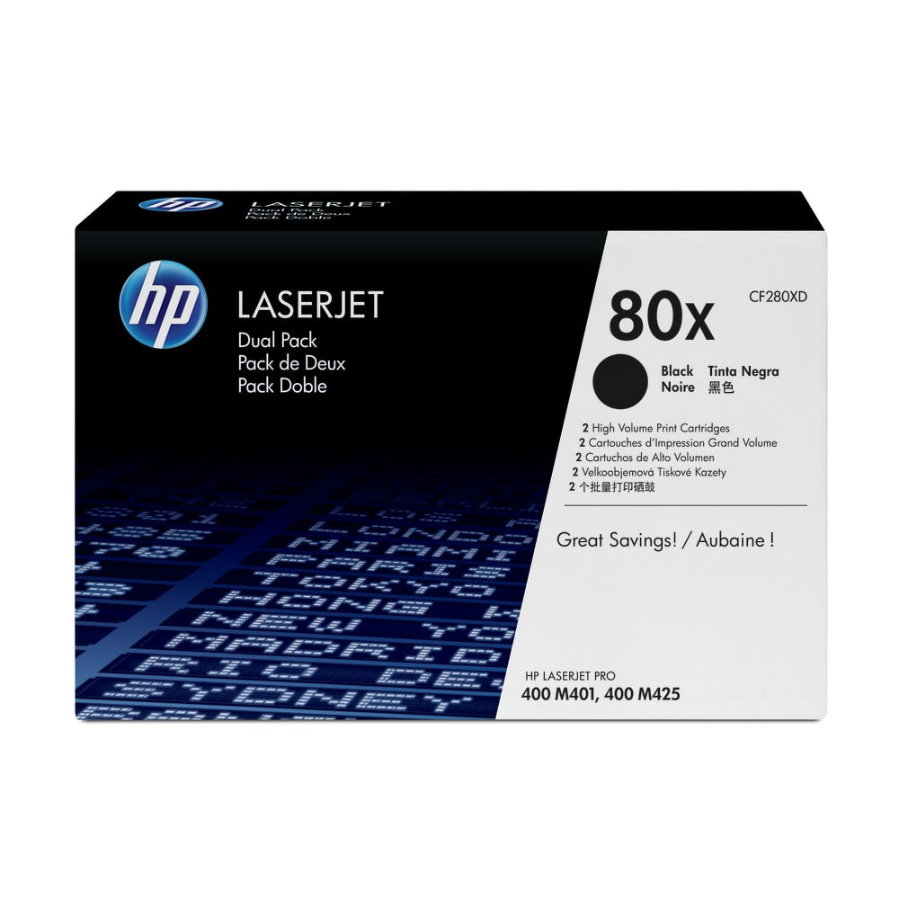 HP 80X Black High Yield Toner Cartridges, Pack Of 2, CF280XD