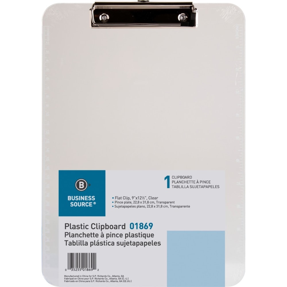 Business Source Flat Clip Plastic Clipboard - 9in x 12in - Plastic - Clear - 6 / Bundle