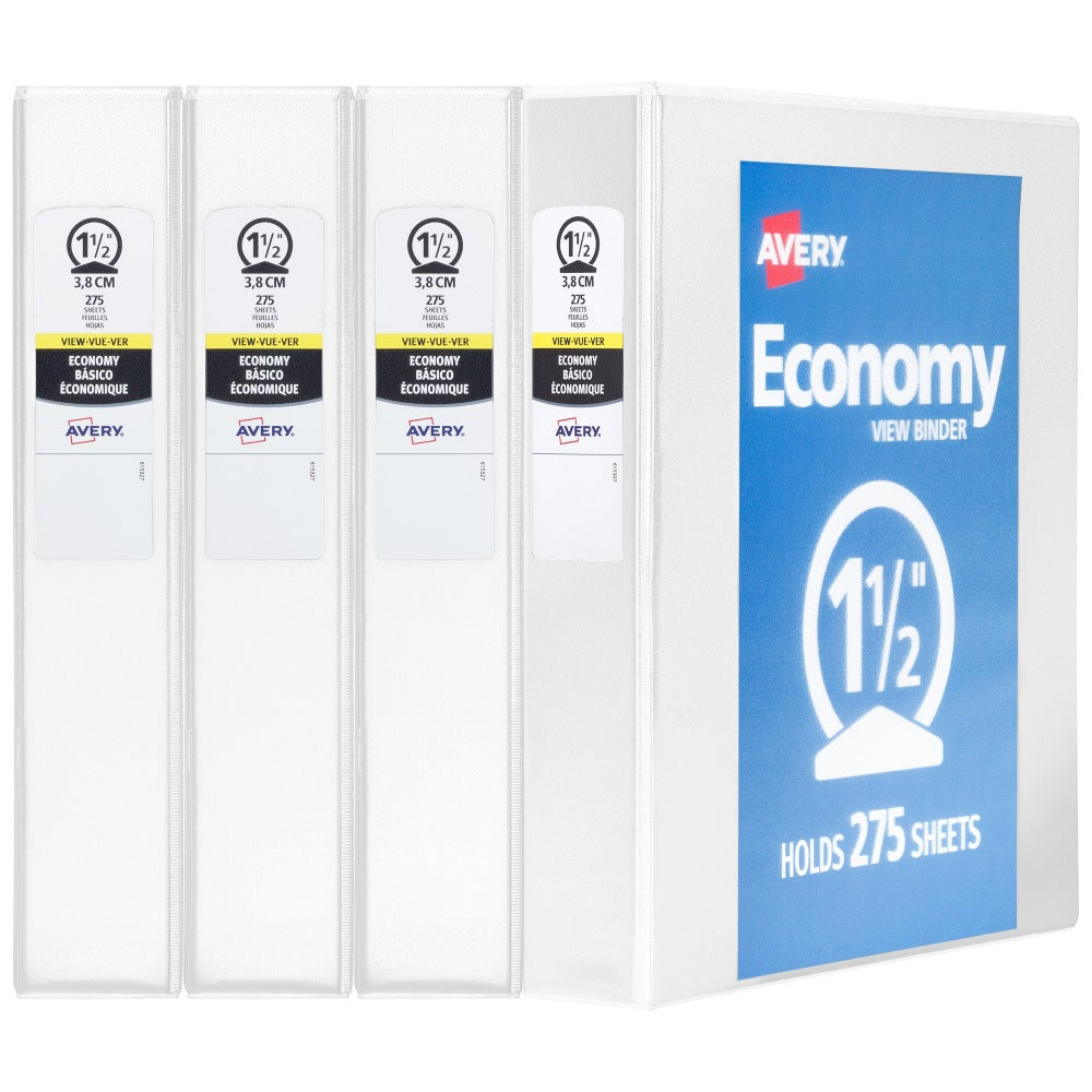 Avery Economy View 3 Ring Binders, 1-1/2in Round Rings, White, Pack Of 4