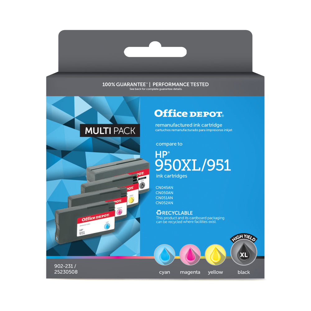 Office  Depot  Remanufactured  Black  And Cyan, Magenta, Yellow High-Yield Ink Cartridge Replacement For HP 950XL, HP 951, Pack Of 4, ODHP950XLK951CMY