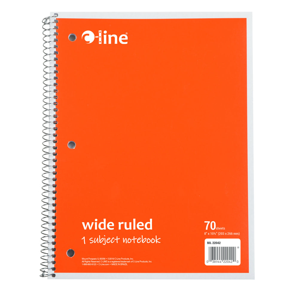 C-Line Wide Rule Spiral Notebooks, 8in x 10-1/2in, 1 Subject, 70 Sheets, Orange, Case Of 24 Notebooks