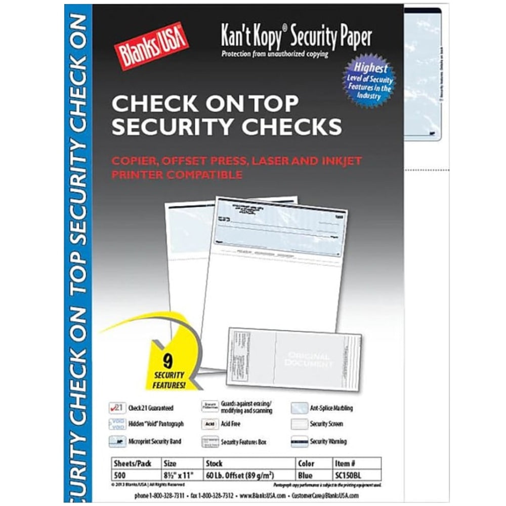 Blanks/USA KanT Kopy Security Check-On-Top Paper, Letter Size (8 1/2in x 11in), Pack Of 500 Checks, Void Blue