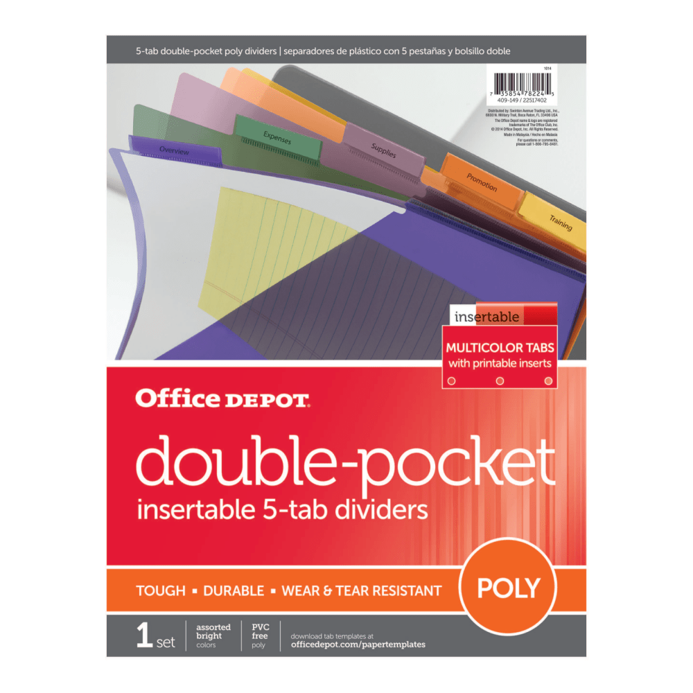 Office Depot Brand Double Pocket Insertable Plastic Divider, 5-Tab, 9in x 11in, Assorted Colors