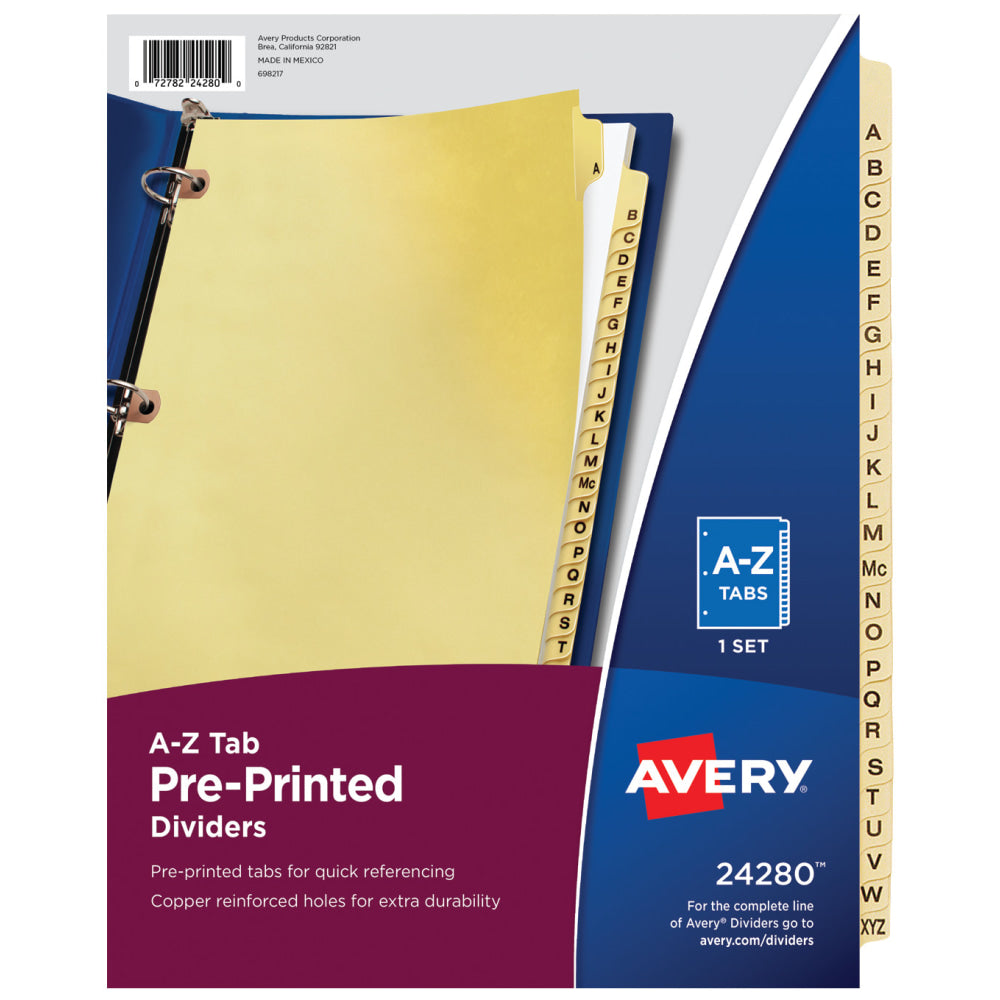 Avery Preprinted Laminated Tab Dividers, Copper Reinforced Holes, A-Z Tabs, 8 1/2in x 11in