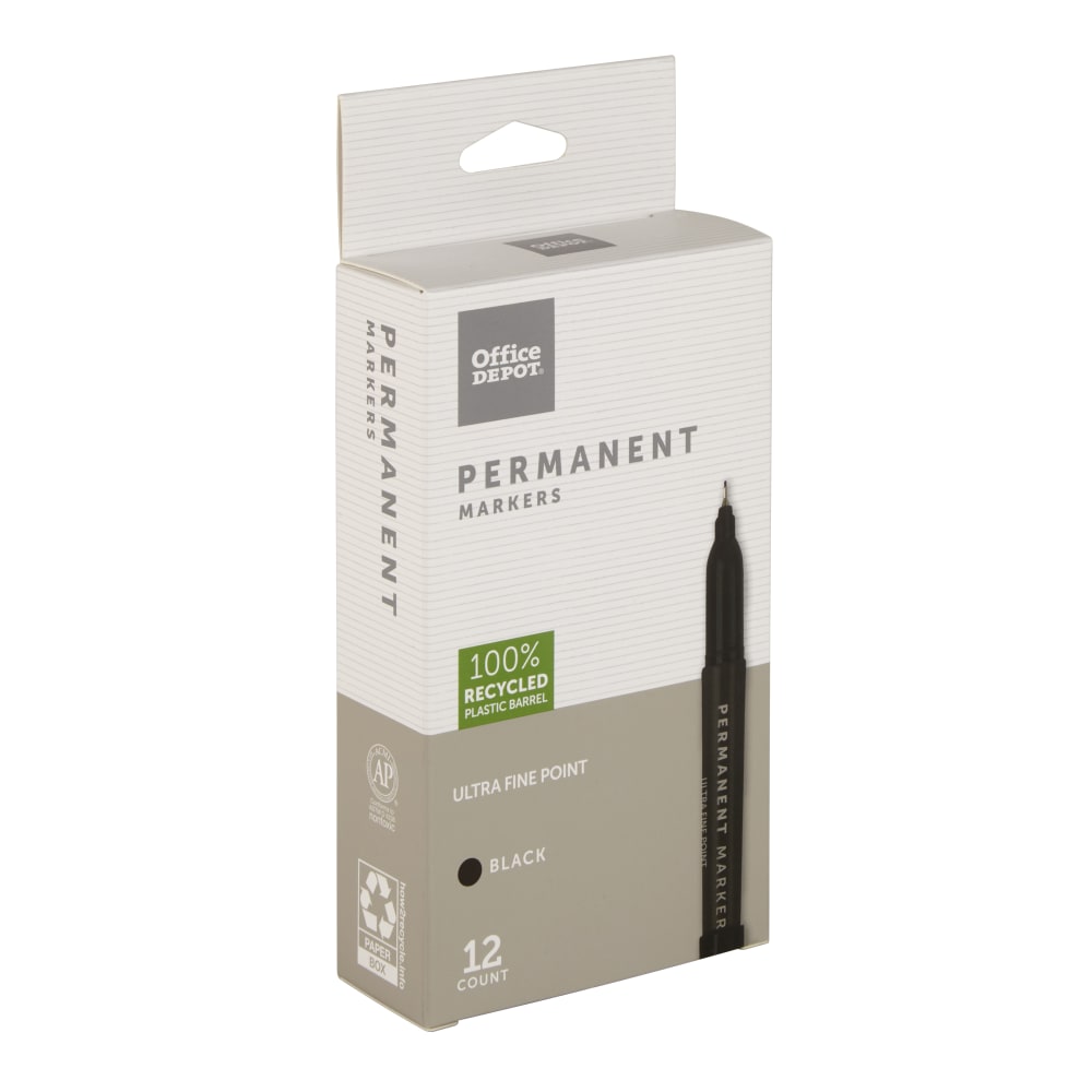 Office Depot Brand Permanent Markers, Ultra-Fine Point, 100% Recycled Plastic Barrel, Black, Pack Of 12