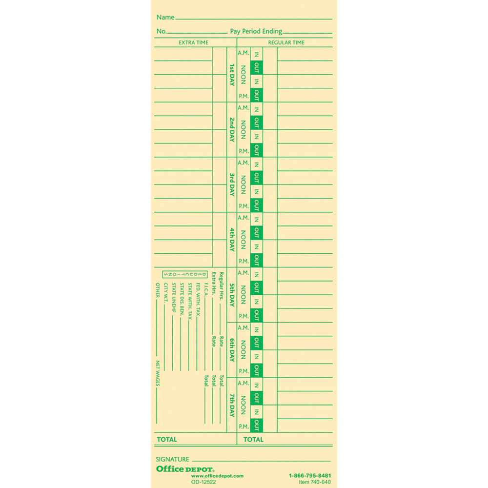 Office Depot Brand Time Cards, Biweekly, Days 1-7, 2-Sided, 3 3/8in x 8 7/8in, Manila, Pack Of 100