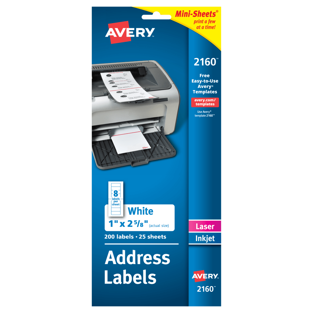 Avery Mini-Sheets Address Labels, 2160, Rectangle, 1in x 2-5/8in, White, Pack Of 200 Labels