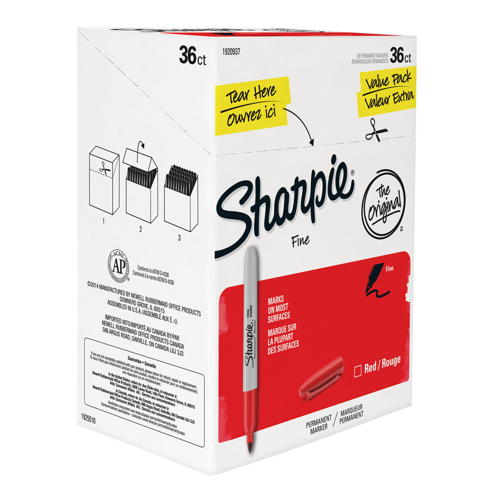 Sharpie Permanent Fine-Point Markers, Red, Pack Of 36