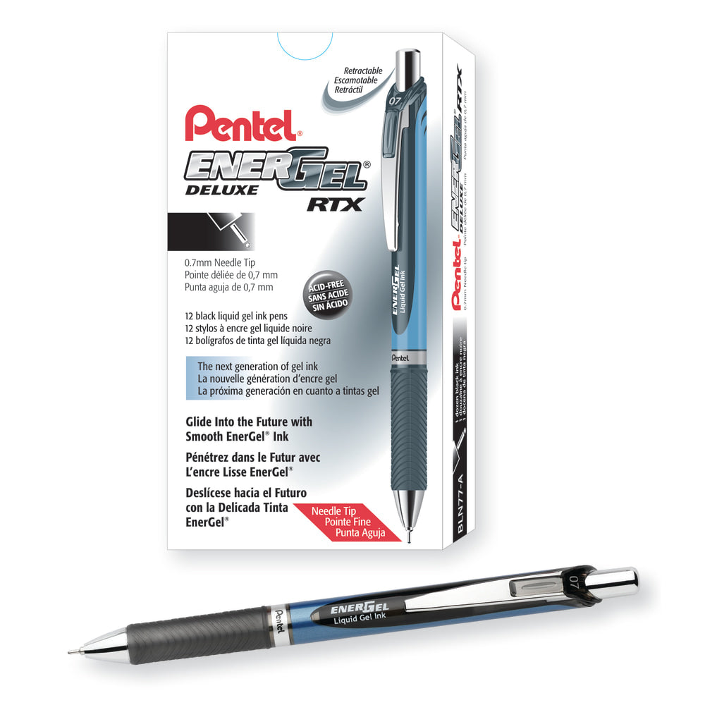 Pentel EnerGel Deluxe RTX Retractable Pen, Needle Point, 0.7 mm, Assorted Barrels, Black Ink