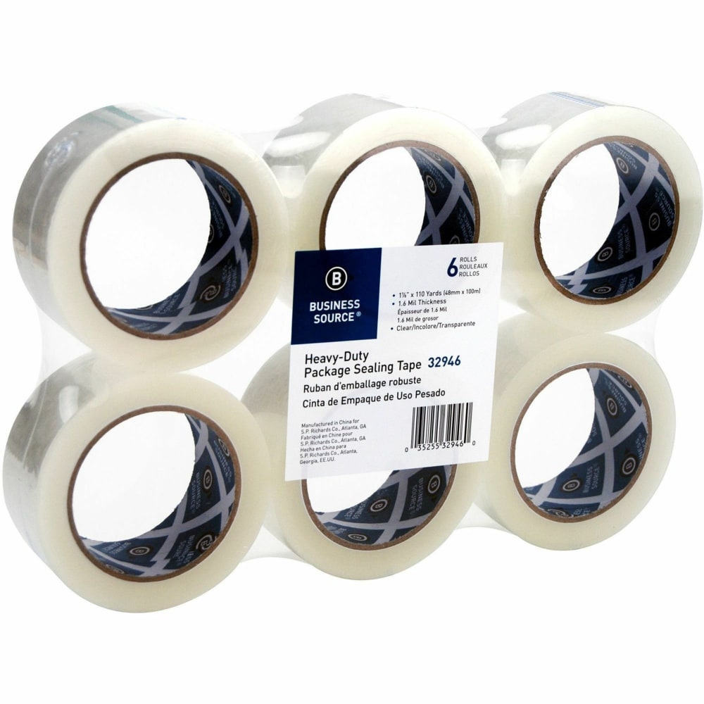 Business Source Heavy-duty Packaging/Sealing Tape - 110 yd Length x 1.88in Width - 3in Core - 1.60 mil - Breakage Resistance - For Bonding, Packing - 6 / Pack - Clear