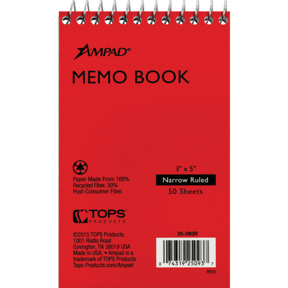 Ampad Memo Book, 3in x 5in, 50 Sheets, 100% Recycled, Assorted Colors, Pack Of 5