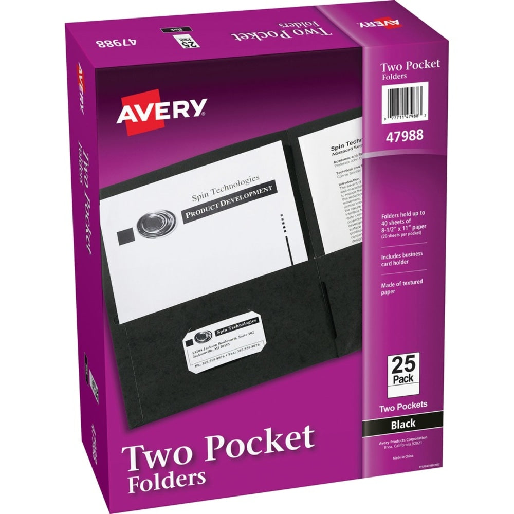 Avery Letter Pocket Folder - 8 1/2in x 11in - 40 Sheet Capacity - 2 Internal Pocket(s) - Embossed Paper - Black - 125 / Carton