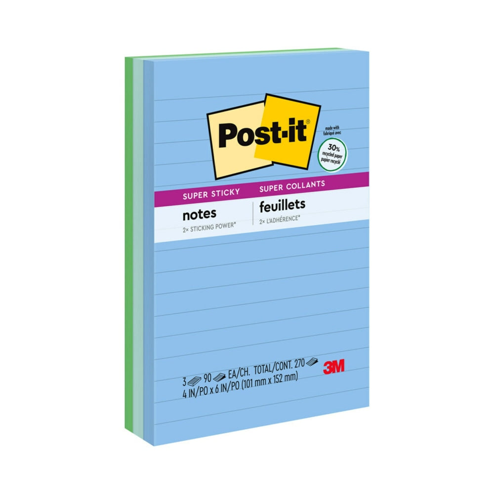 Post-it Super Sticky Notes, 4 in x 6 in, 30% Recycled, Oasis Collection, Lined, Pack Of 3 Pads