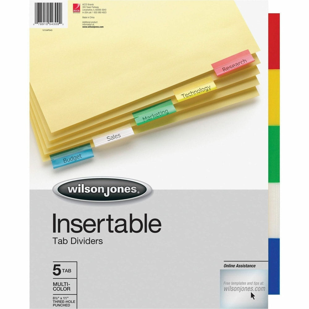 Wilson Jones Professional Insertable Indexes, 5-Tab, Multicolor