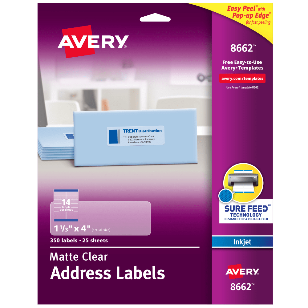 Avery Matte Address Labels With Sure Feed Technology, 8662, Rectangle, 1-1/3in x 4in, Clear, Pack Of 350