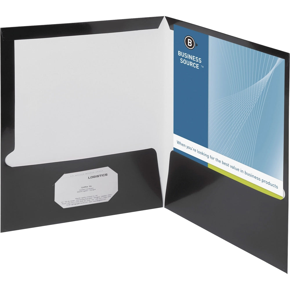 Business Source 2-Pocket Report Covers With Business Card Holder, Letter Size, 8 1/2in x 11in, Black, Box Of 25 Covers