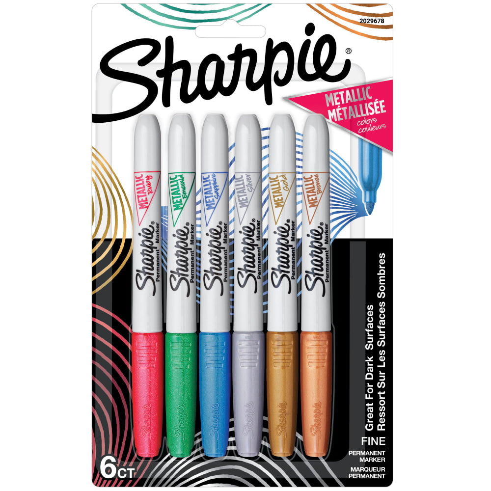 Sharpie Metallic Permanent Markers, Fine Point, Assorted Ink Colors, Pack Of 6