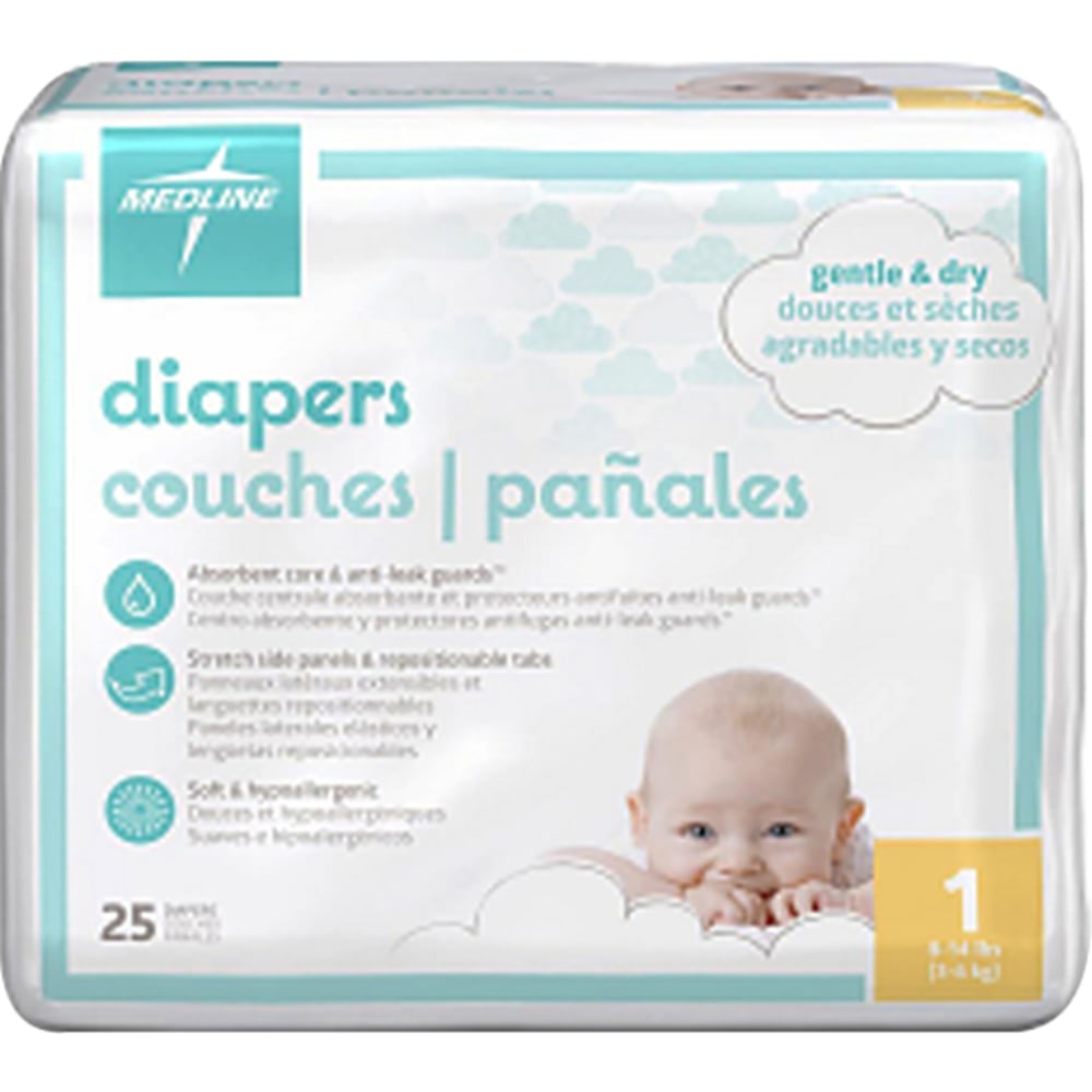 Medline Disposable Baby Diapers, Size 1, 8-14 Lb, White, 25 Diapers Per Pack, Case Of 8 Packs