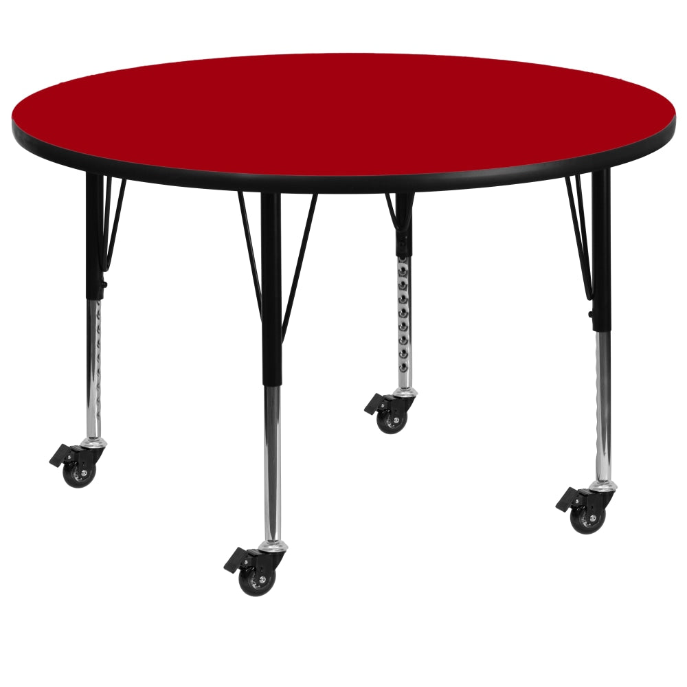 Flash Furniture Mobile Round Thermal Laminate Activity Table With Height-Adjustable Short Legs, 25-3/8inH x 48inW x 48inD, Red