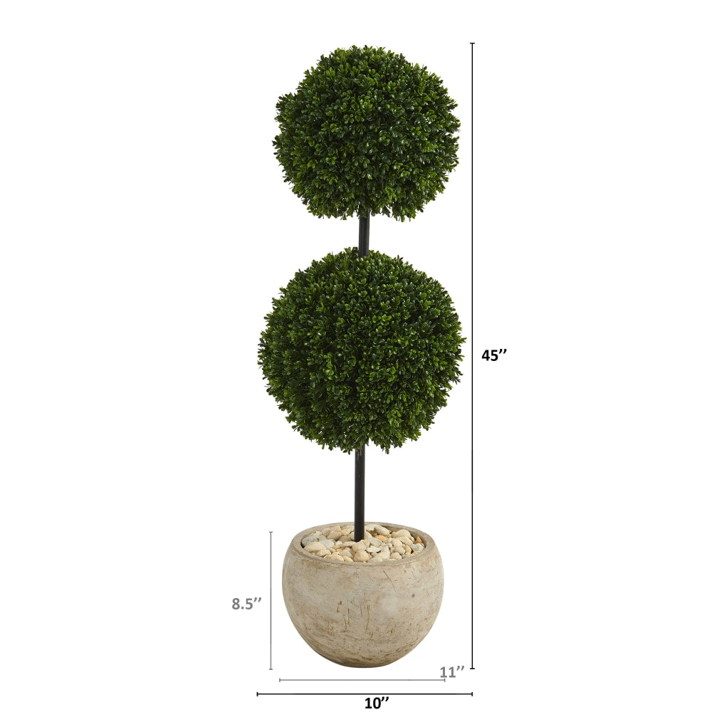 Nearly Natural Boxwood Double Ball Topiary 45inH Artificial Tree With Planter, 45inH x 10inW x 10inD, Green/Sand