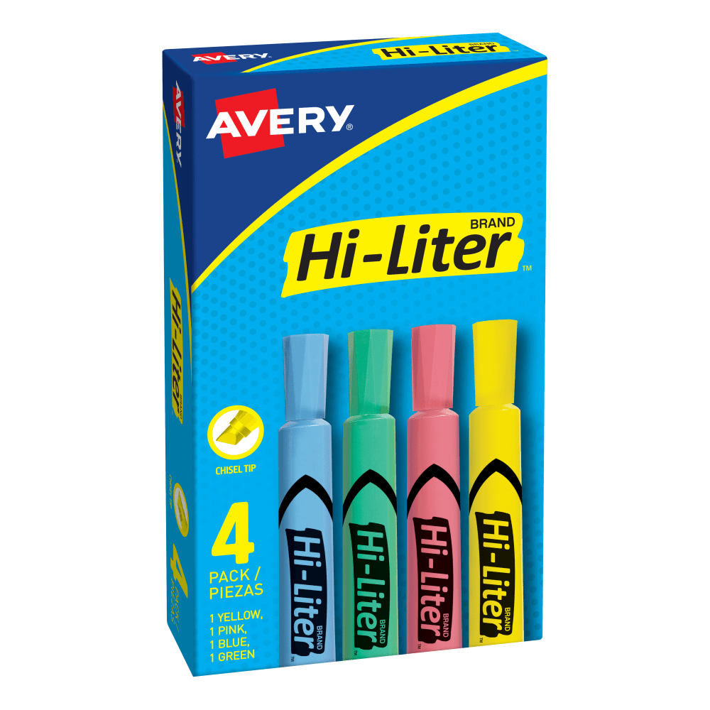 Avery Hi-Liter Desk-Style Highlighters, Assorted Colors, Box Of 4