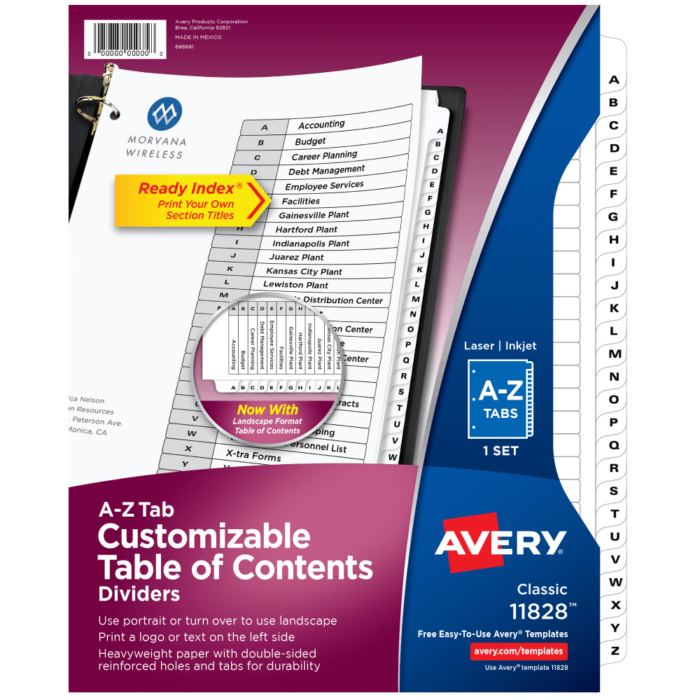 Avery A-Z Tab Dividers, 8-1/2in x 11in, Black/White, Pack Of 26 Dividers