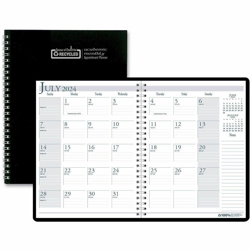 House of Doolittle Black Cover Academic Monthly Planner - Monthly - 14 Month - July 2024 - August 2025 - 1 Month Double Page Layout - 8 1/2in x 11in Sheet Size - 1.75in x 1.75in Block - 3-ring - Black Cover - 1 Each