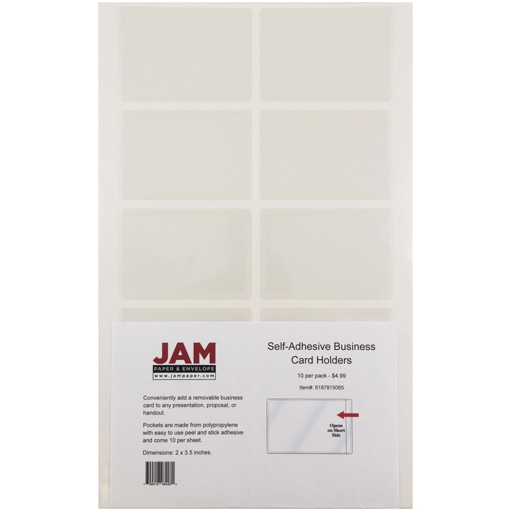 JAM Paper Self-Adhesive Business Card Holders, 2in x 3 1/2in, Clear, Pack Of 10