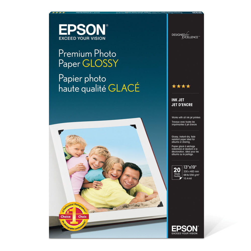 Epson Premium Glossy Photo Paper, 13in x 19in, Pack Of 20 Sheets