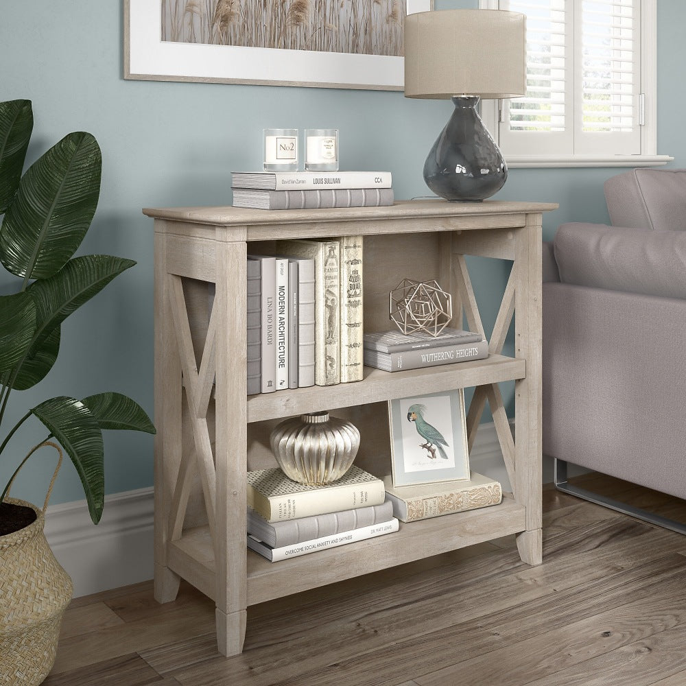 Bush Furniture Key West Small 30inH 2-Shelf Bookcase, Washed Gray, Standard Delivery