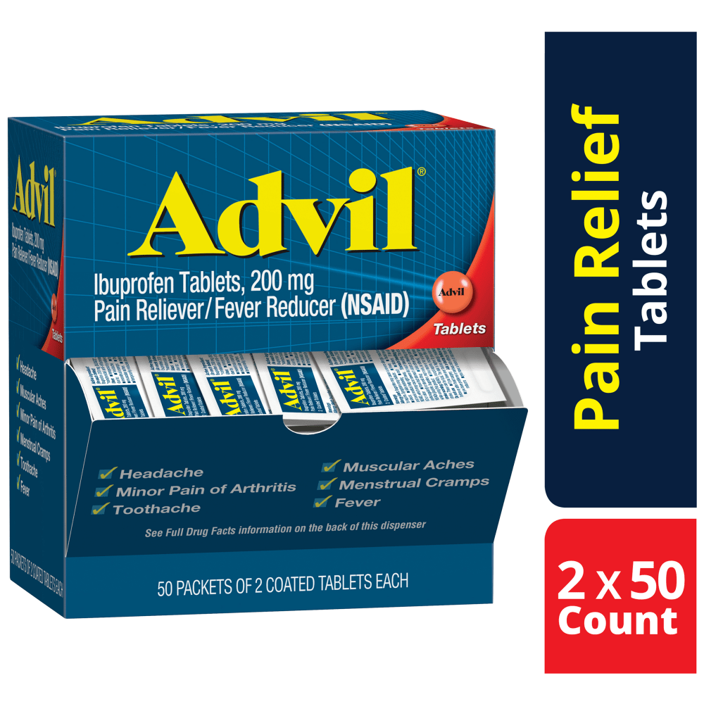 Advil Ibuprofen Packets, 2 Tablets Per Packet, Box Of 50 Packets